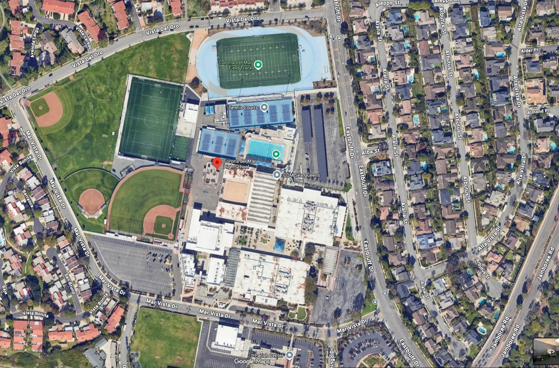 Satellite map of the Corona del Mar High School athletic campus